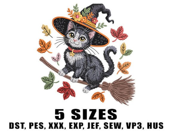 Halloween Witch Cat Embroidery Design